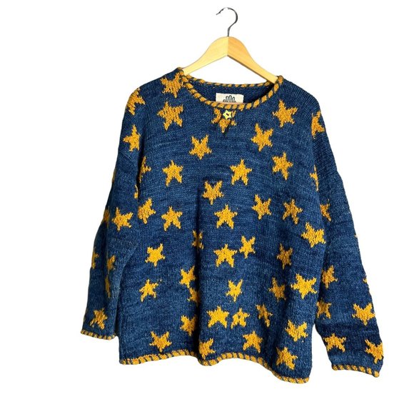 AMANO | Sweaters | Vintage Amano Thick Chunky Knit Heavy Star Pullover Sweater Blue Yellow 